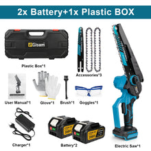 Gisam chainsaw packaging with batteries, black and blue plastic box
