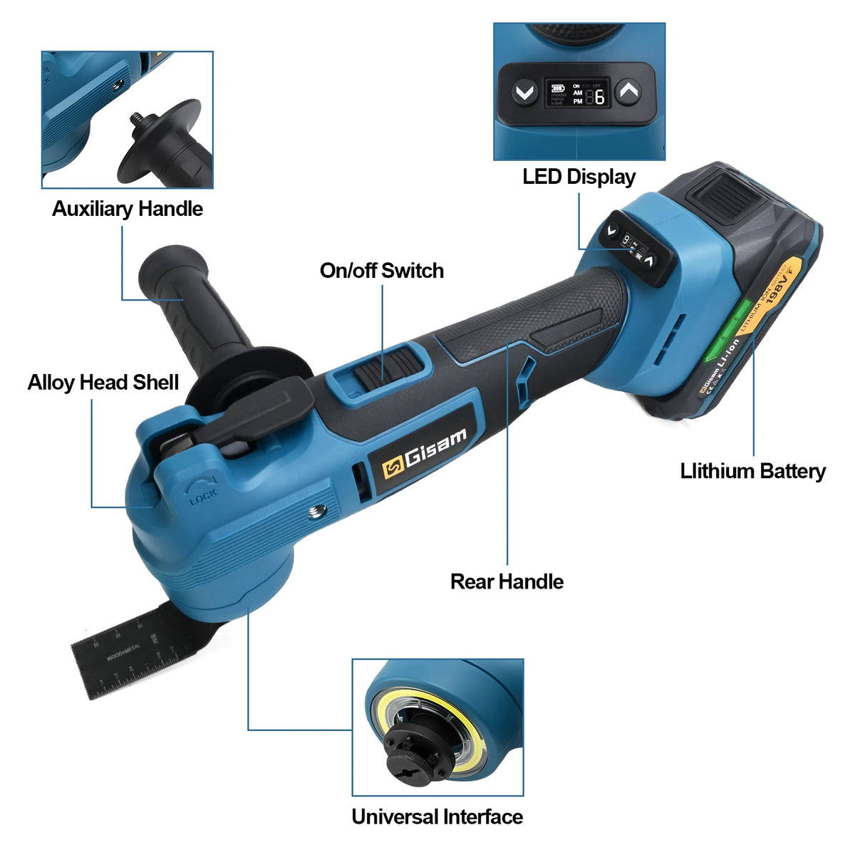 Gisam cordless tool detail with ergonomic handle and LED display, blue and black