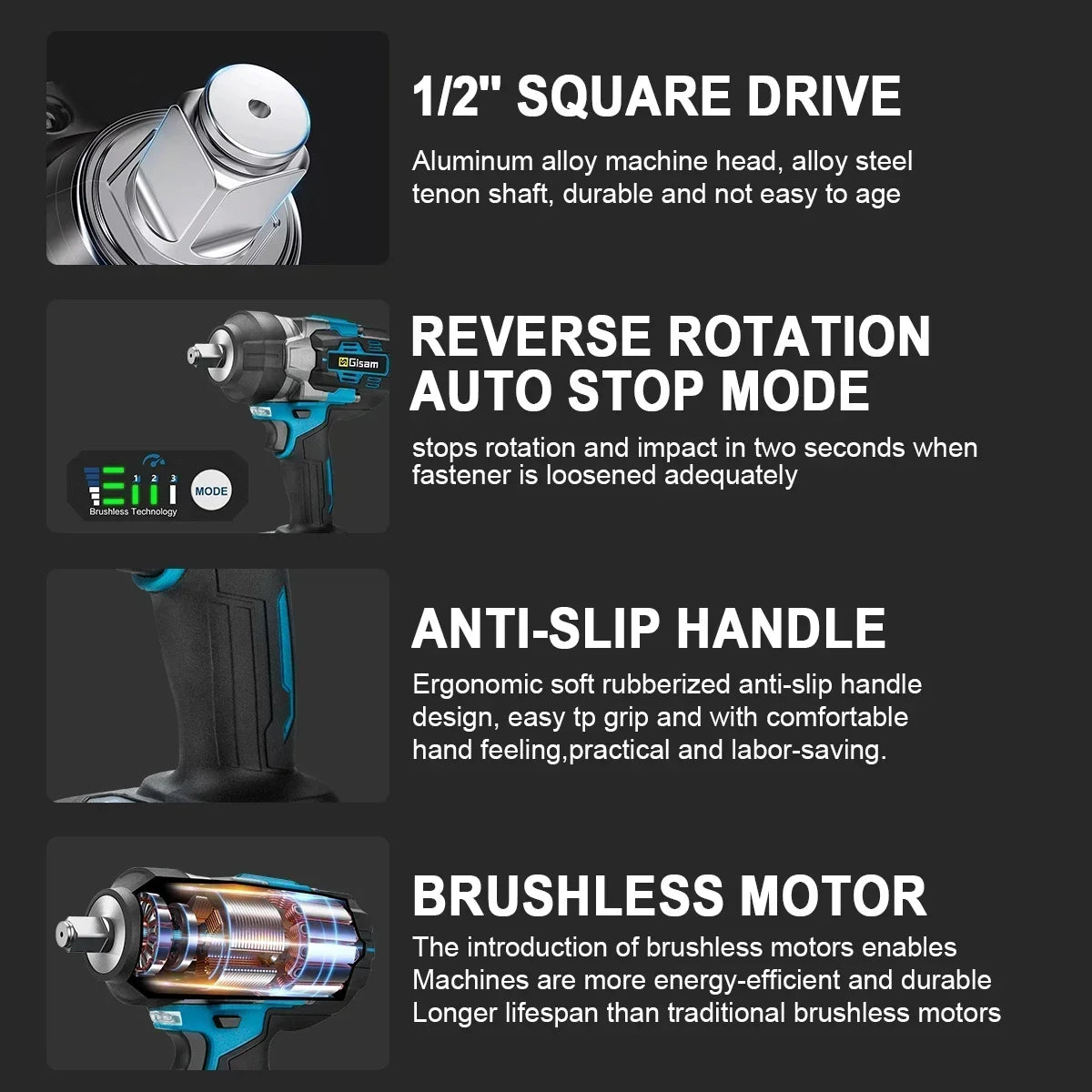 Gisam impact wrench feature detail, black and blue with 1/2 inch drive