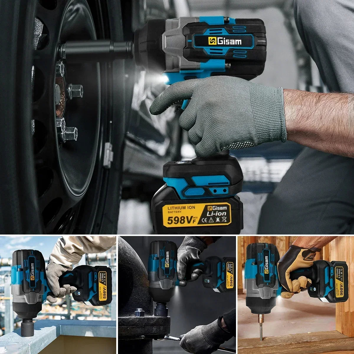 Gisam cordless impact wrench in use, black and blue on a lifestyle setting