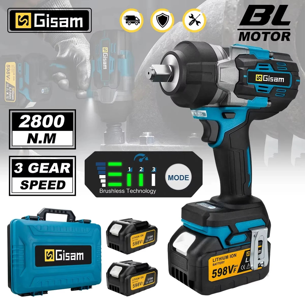 Gisam cordless impact wrench lifestyle shot, black and blue with LED