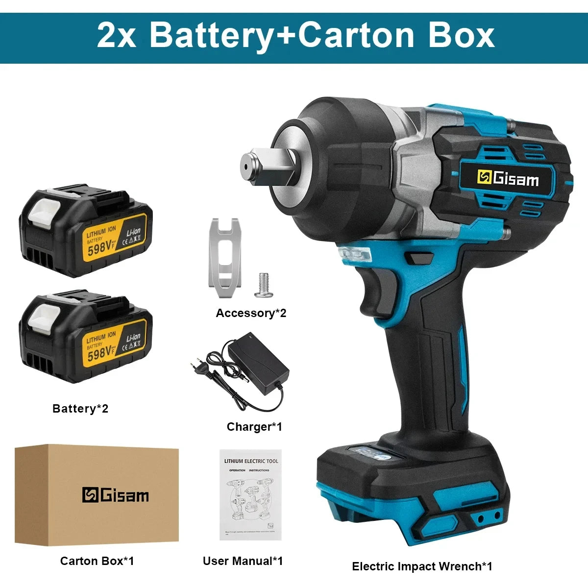 Gisam impact wrench lifestyle shot, black and blue with two batteries