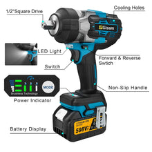 Gisam impact wrench specifications close-up, black and blue with LED light