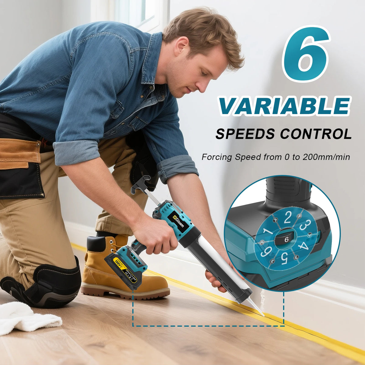 Gisam cordless electric caulking gun in use, blue and black with variable speed