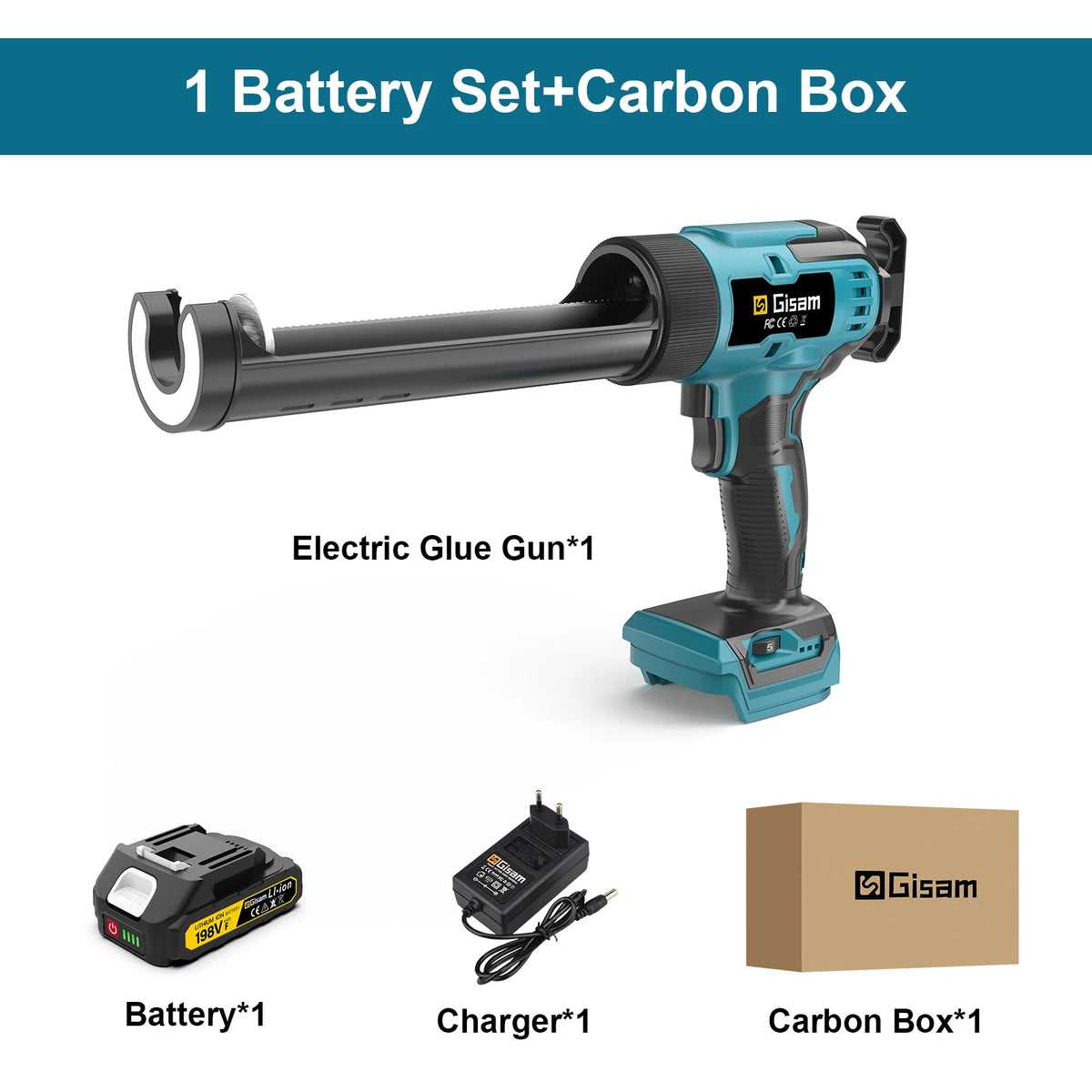 Gisam cordless electric caulking gun kit packaging, battery and charger included