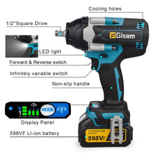 Gisam impact wrench detail with LED light and battery indicator, black and blue