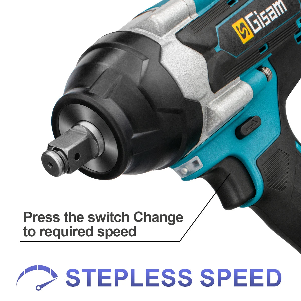 Gisam impact wrench close-up detail with stepless speed control, black and blue