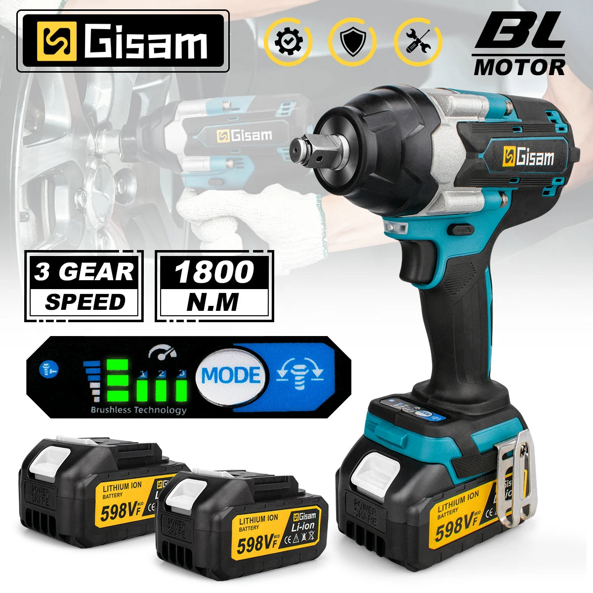 Gisam electric impact wrench front view, black and blue cordless kit