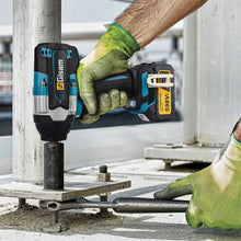 Gisam impact wrench lifestyle shot, person using black and blue cordless tool