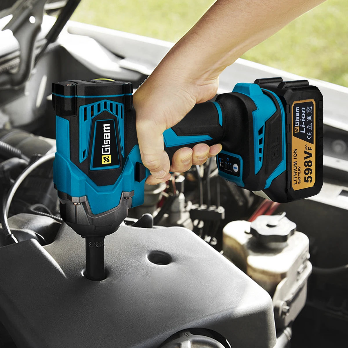 Gisam impact wrench under-hood lifestyle shot, blue and black with battery