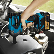 Gisam impact wrench under-hood lifestyle shot, blue and black with battery