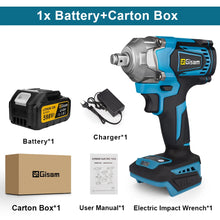 Gisam impact wrench kit packaging lifestyle shot, one battery and charger