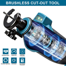 Gisam brushless cutter close-up with transparent casing, blue and black