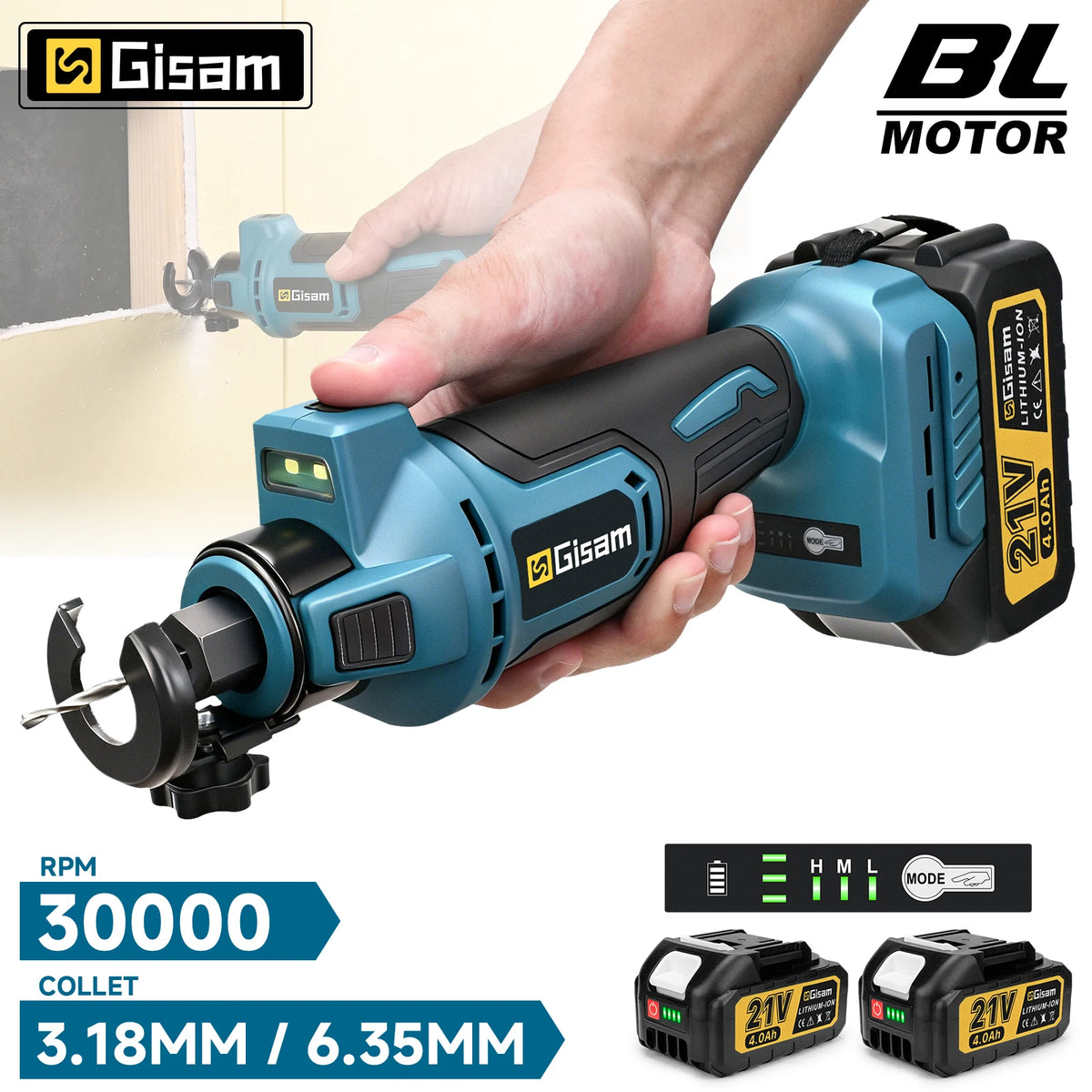 Gisam brushless electric drywall cutter detail close-up, blue and black