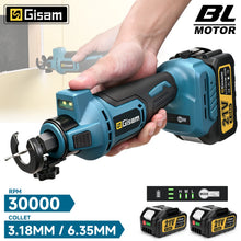 Gisam brushless electric drywall cutter detail close-up, blue and black