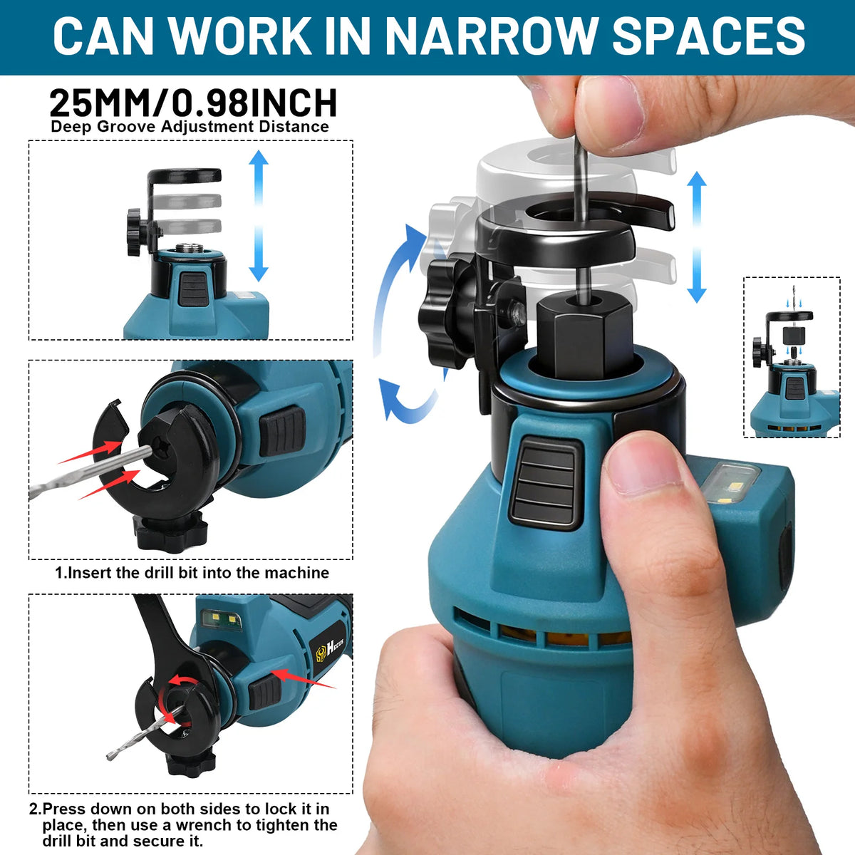 Gisam cordless cutter detail showing narrow-space capability, blue and black