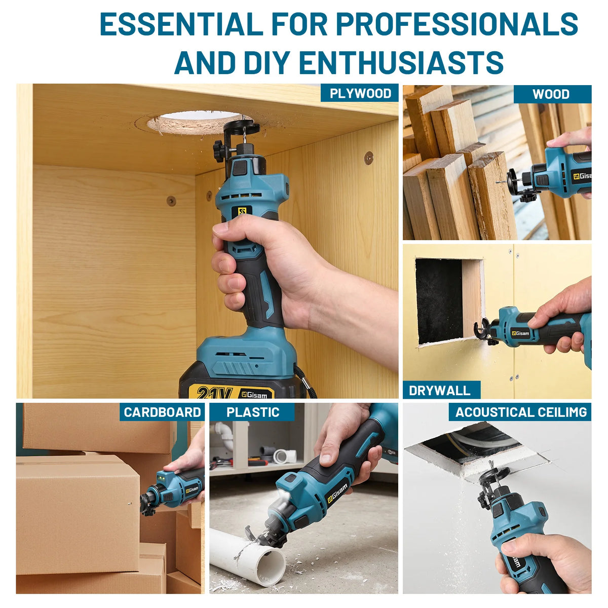 Gisam cordless drywall cutter lifestyle in use, blue and black