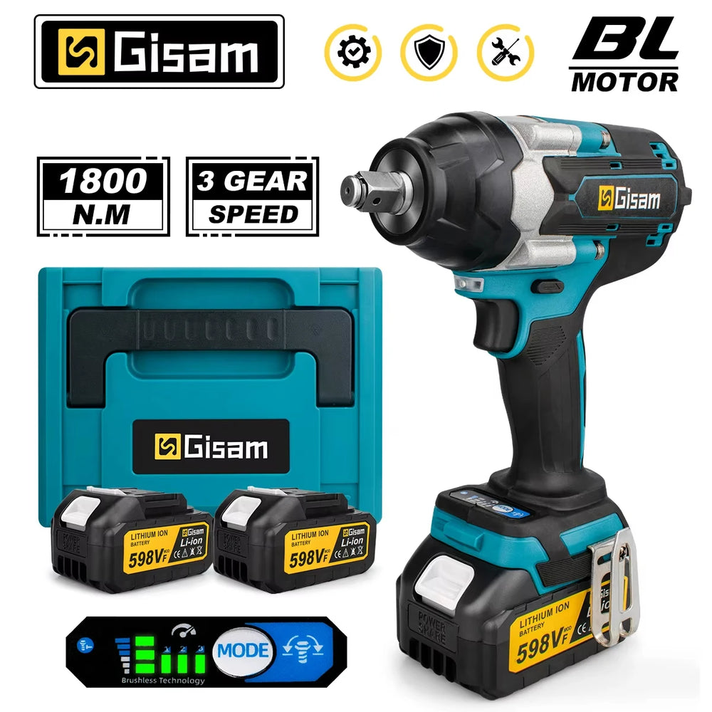 Gisam impact wrench kit packaging, blue and black with two batteries