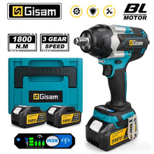 Gisam impact wrench kit packaging, blue and black with two batteries