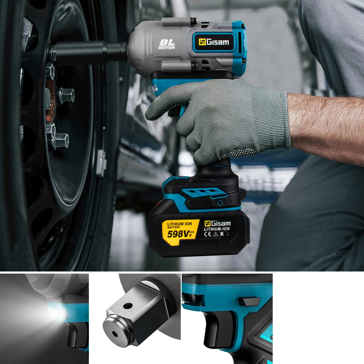 Gisam cordless impact wrench in use, user working on a wheel with LED light