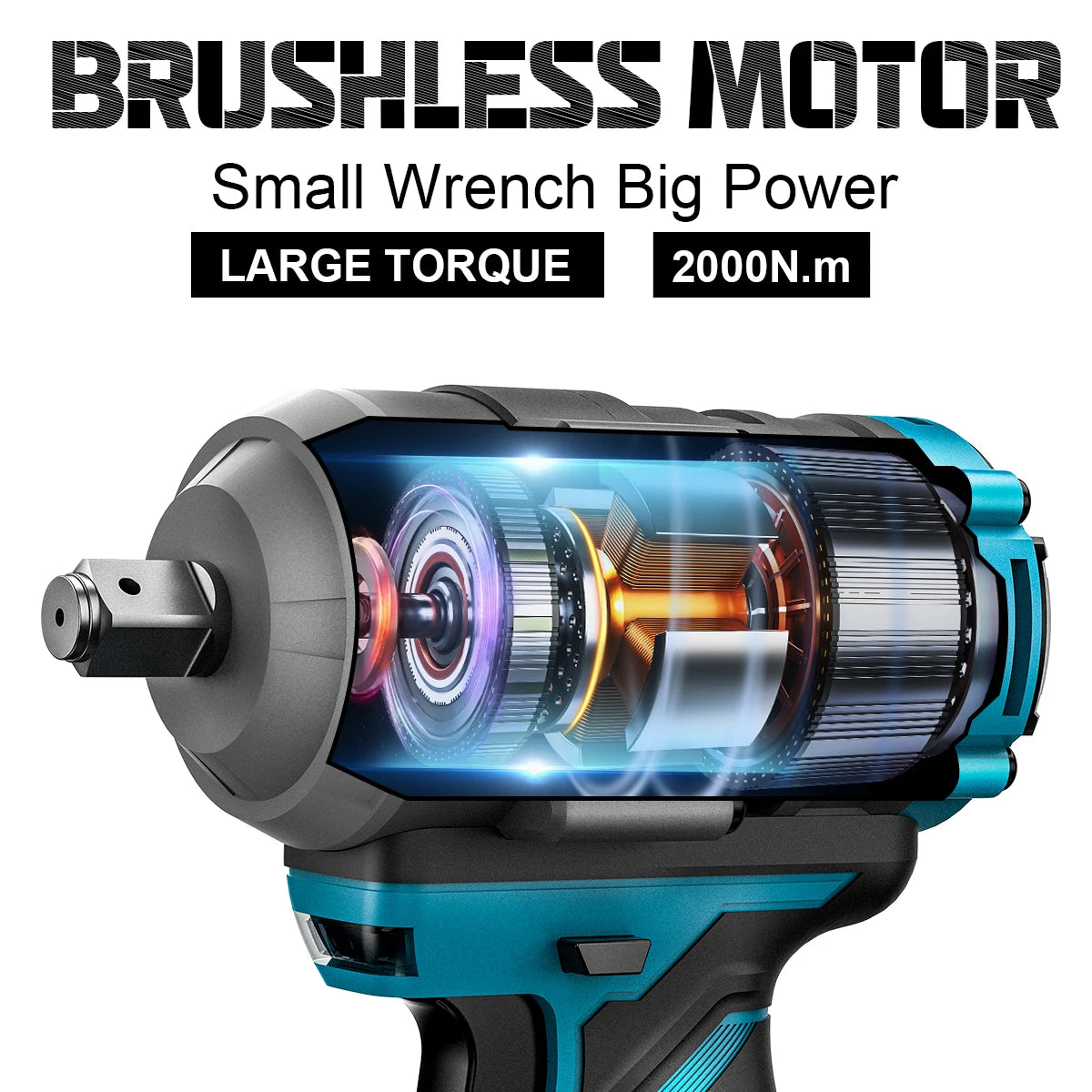 Gisam brushless motor detail, blue black silver design close-up