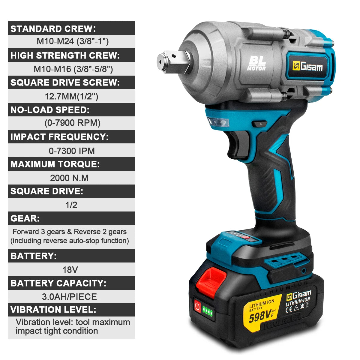 Gisam cordless impact wrench side view, power control switch and indicator
