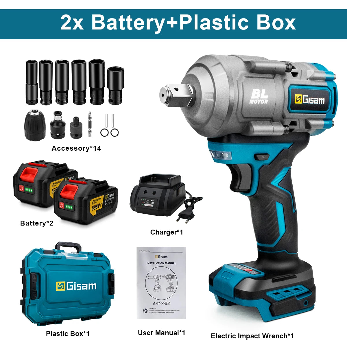 Gisam tool kit packaging, multiple attachments with two batteries included
