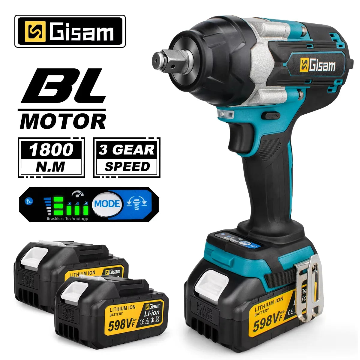Gisam brushless impact wrench front view, black and blue with LED