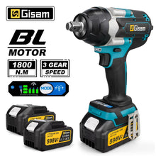 Gisam brushless impact wrench front view, black and blue with LED