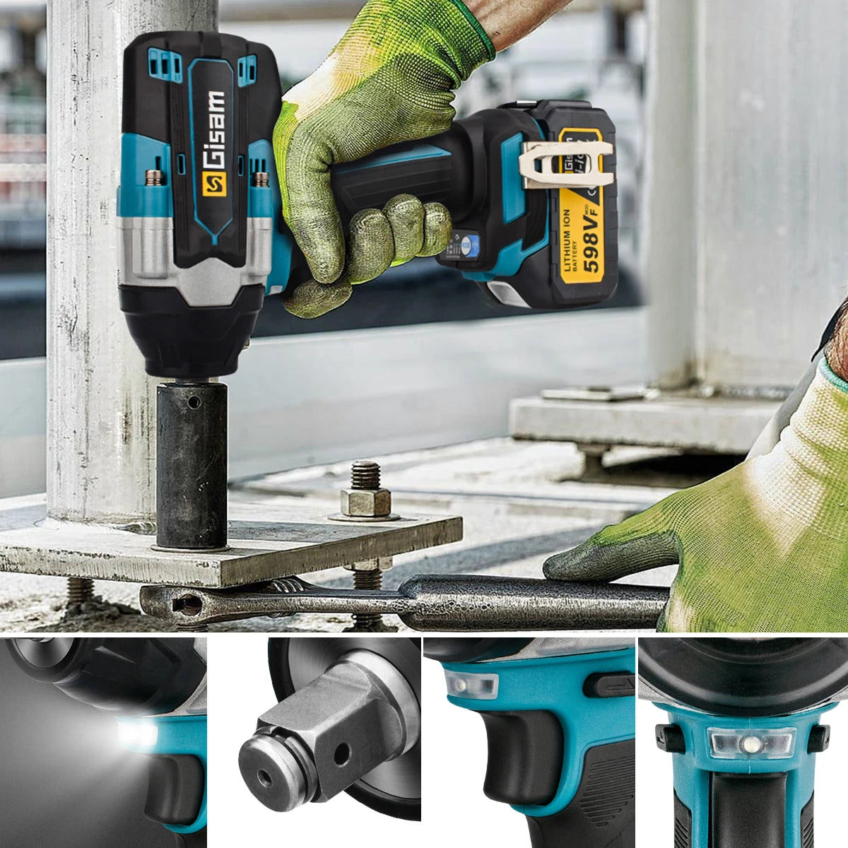 Gisam brushless impact wrench detail, black and blue specification view