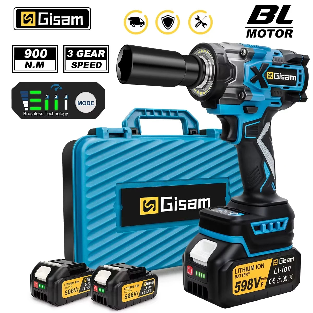 Gisam cordless impact wrench packaging, blue and black with digital display