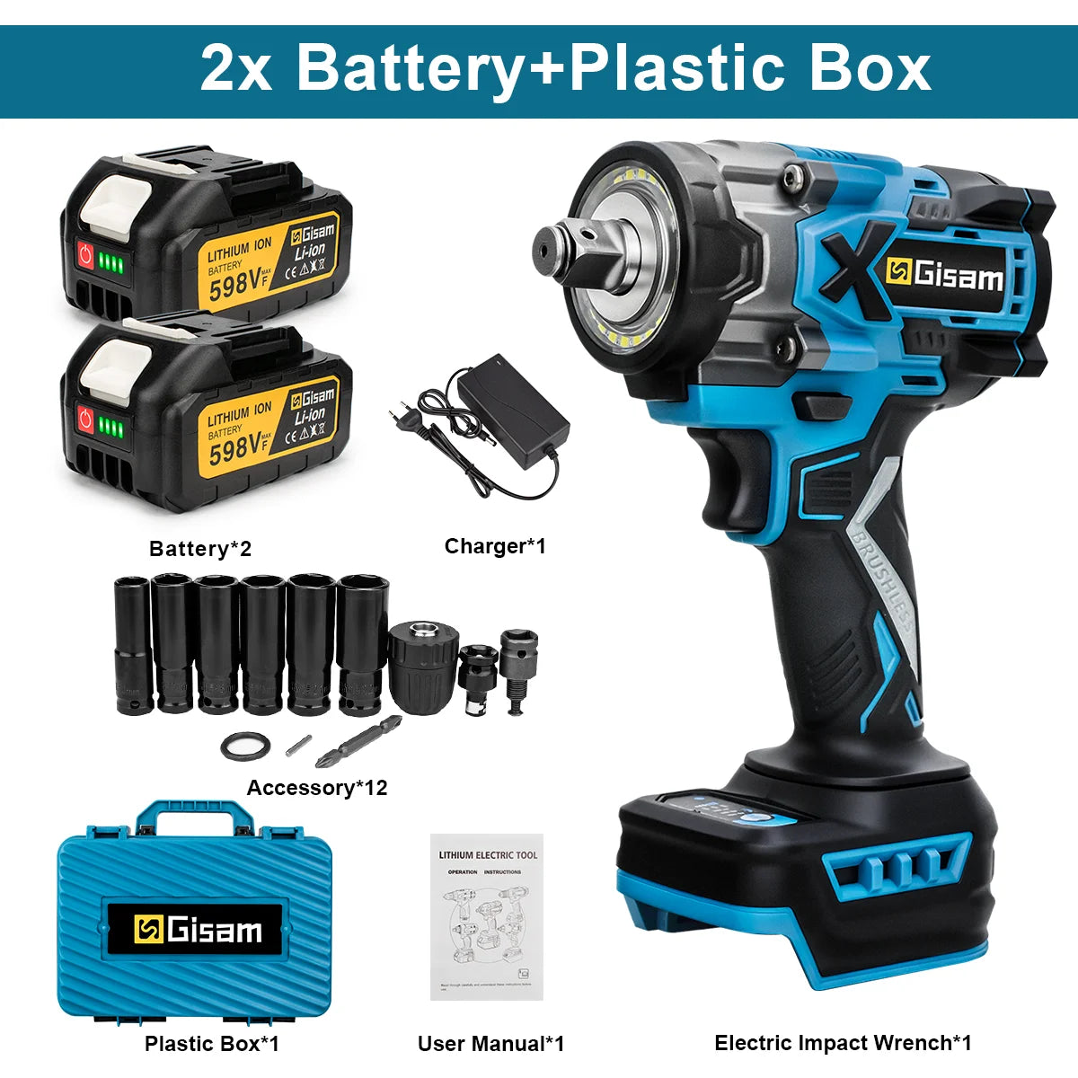 Gisam impact wrench kit packaging in a plastic box with two batteries