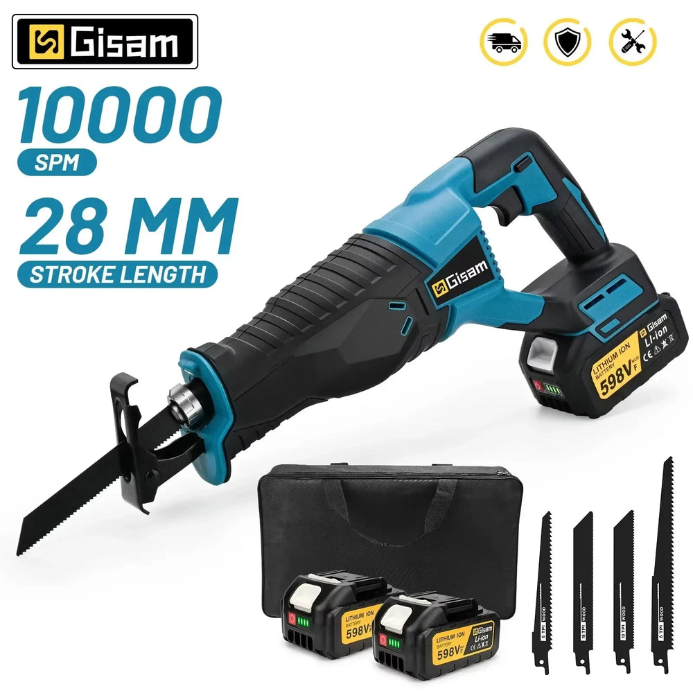 Gisam reciprocating saw front view in blue and black, cordless design