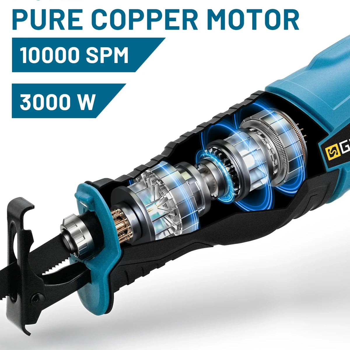 Gisam reciprocating saw motor detail in blue and silver, close-up