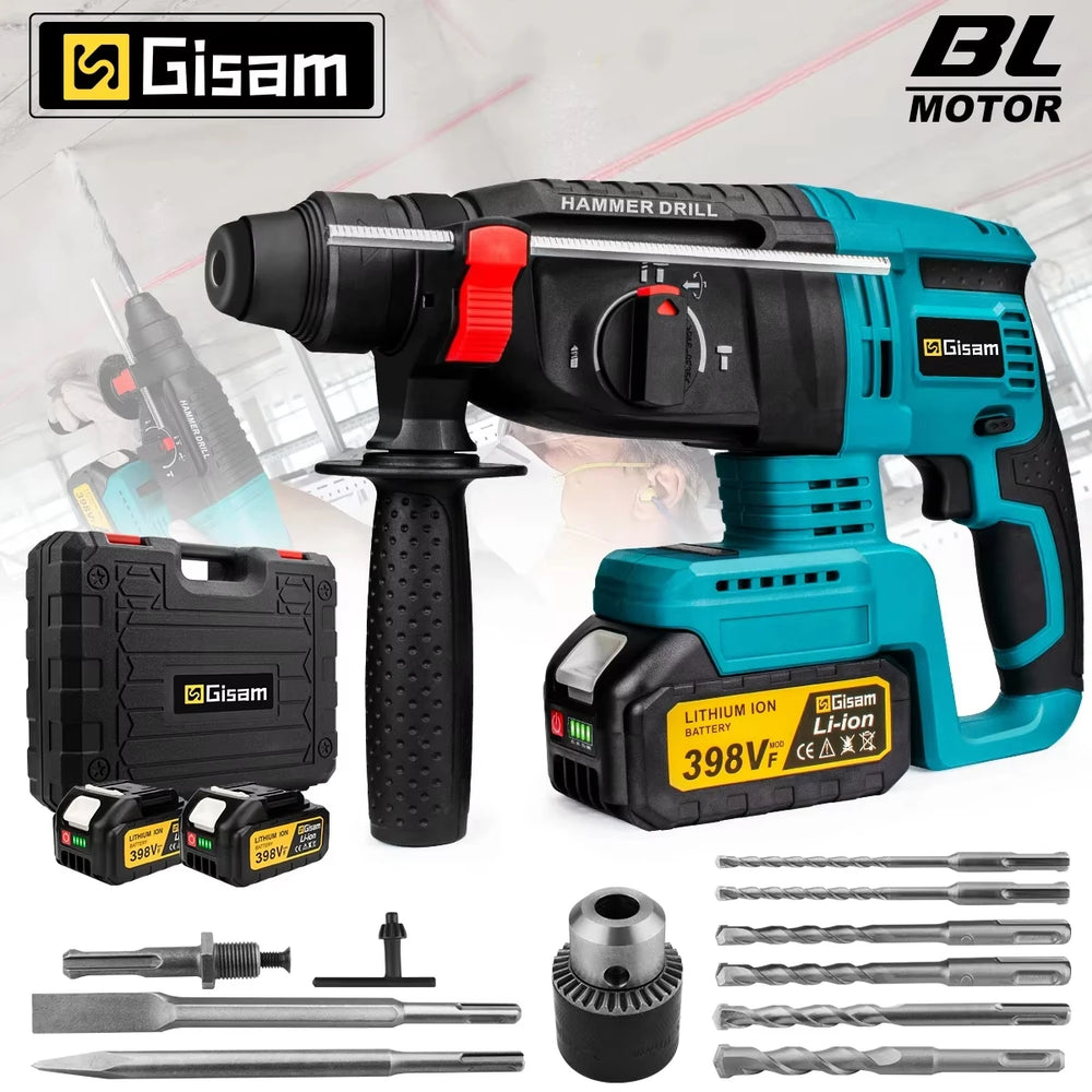 Gisam 26mm brushless hammer drill packaging, blue and black with battery
