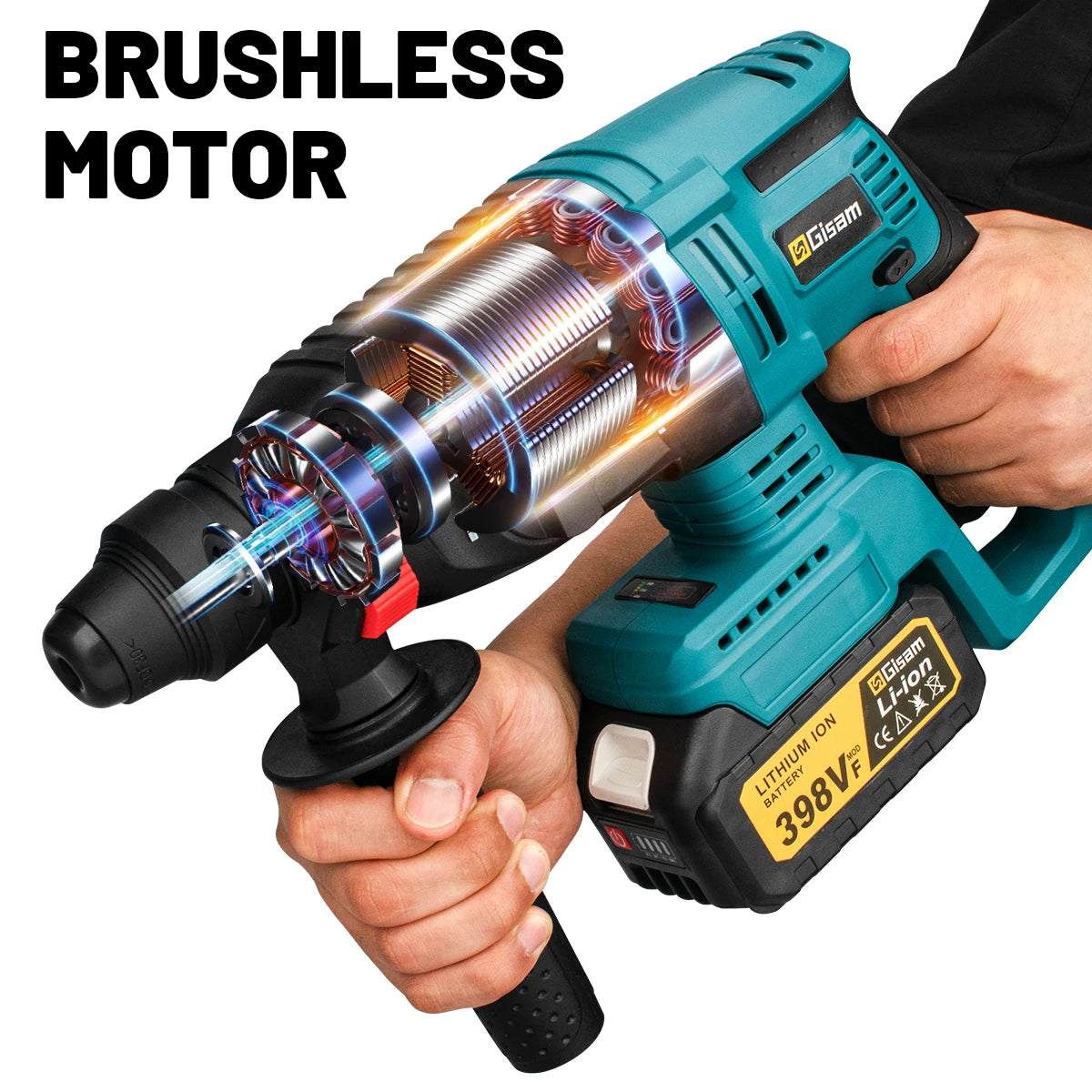Gisam brushless motor drill detail, blue and black high-efficiency design