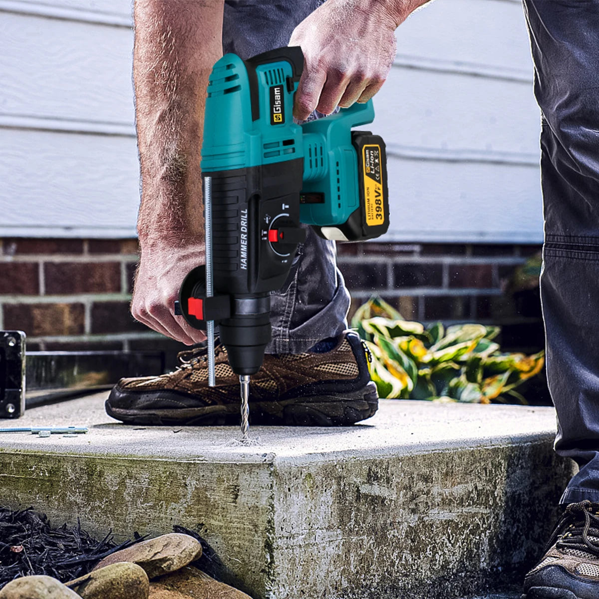 Gisam brushless hammer drill detail, ergonomic handle in blue and black with LED