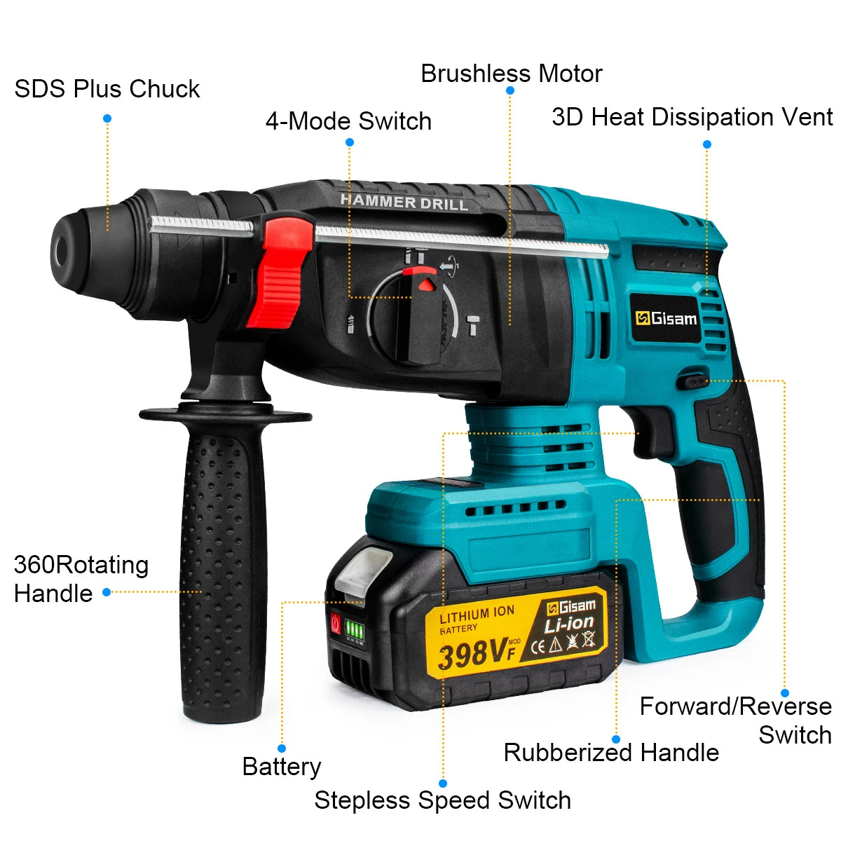 Gisam cordless hammer drill detail, blue and black with multiple settings