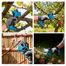 Gisam cordless pruning shears in garden use, blue handle on natural background