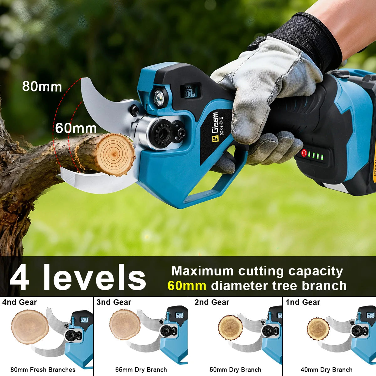 Gisam pruning shears cutting branches, gloved hands in garden setting