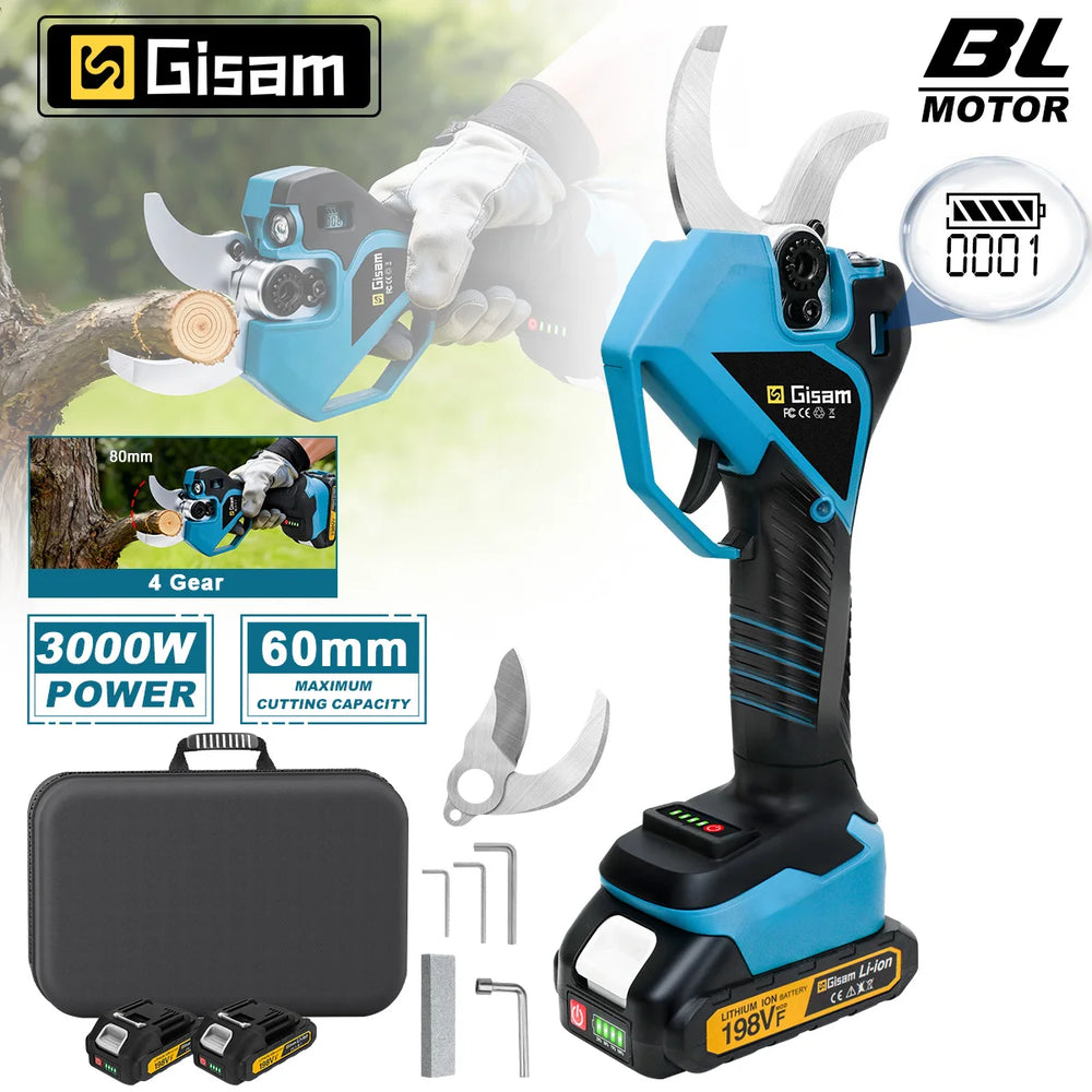 Gisam pruning shears packaging, blue and black design on white