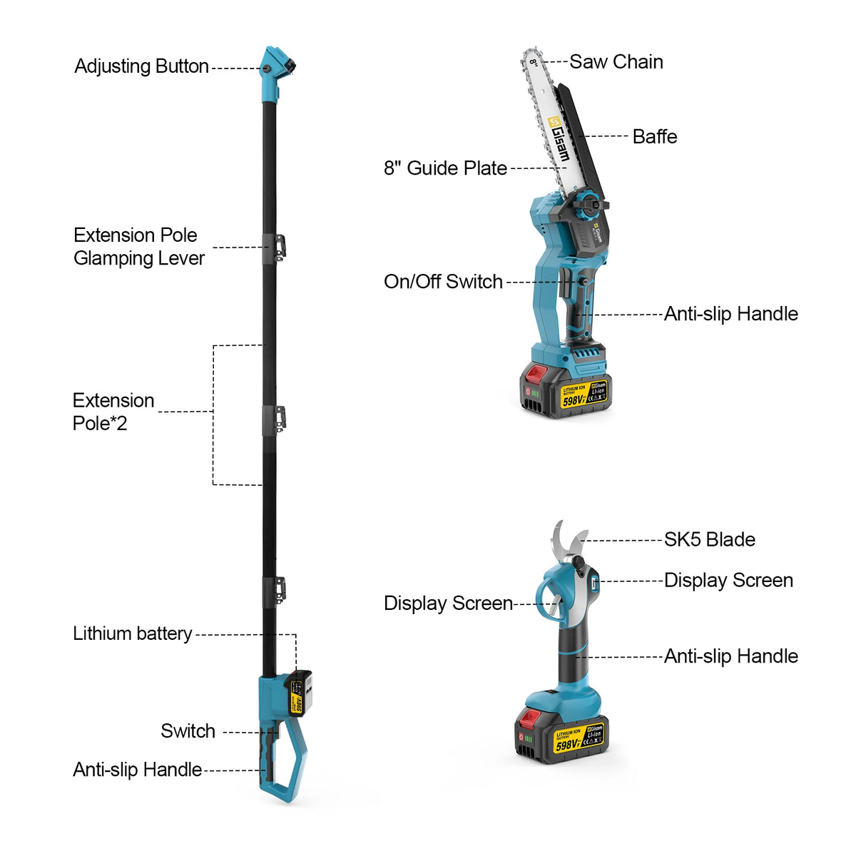 Gisam electric chainsaw scissors detail with telescoping pole, blue and black