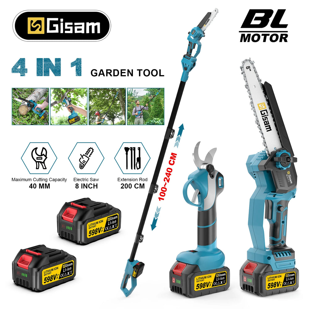 Gisam electric chainsaw scissors packaging, blue and black 4-in-1 tool