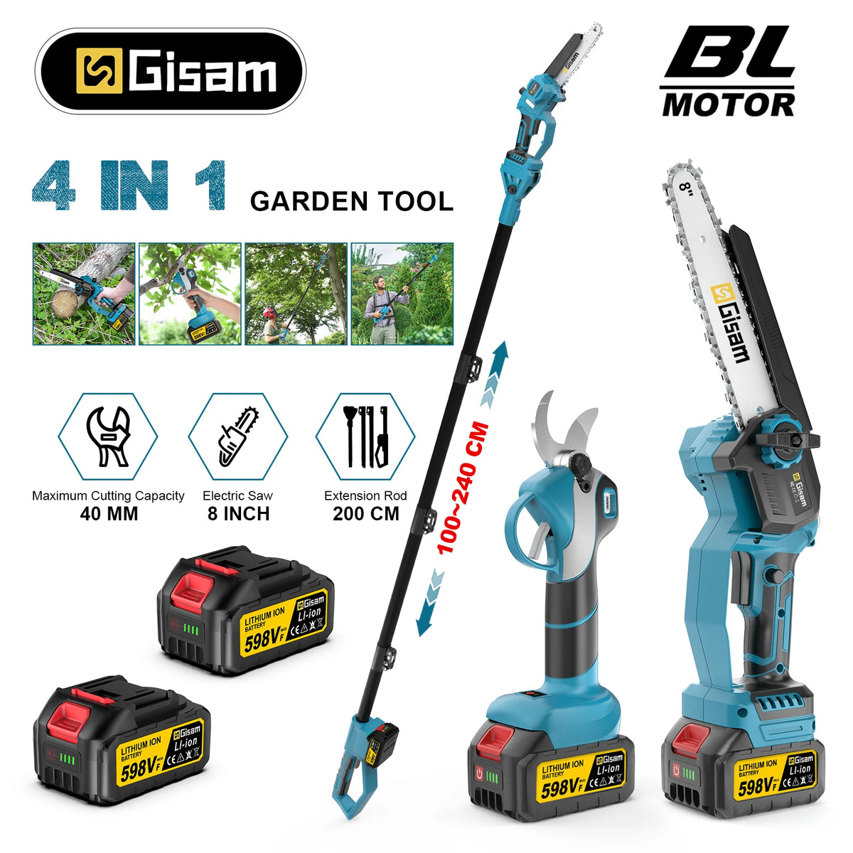 Gisam electric chainsaw scissors packaging, blue and black 4-in-1 tool