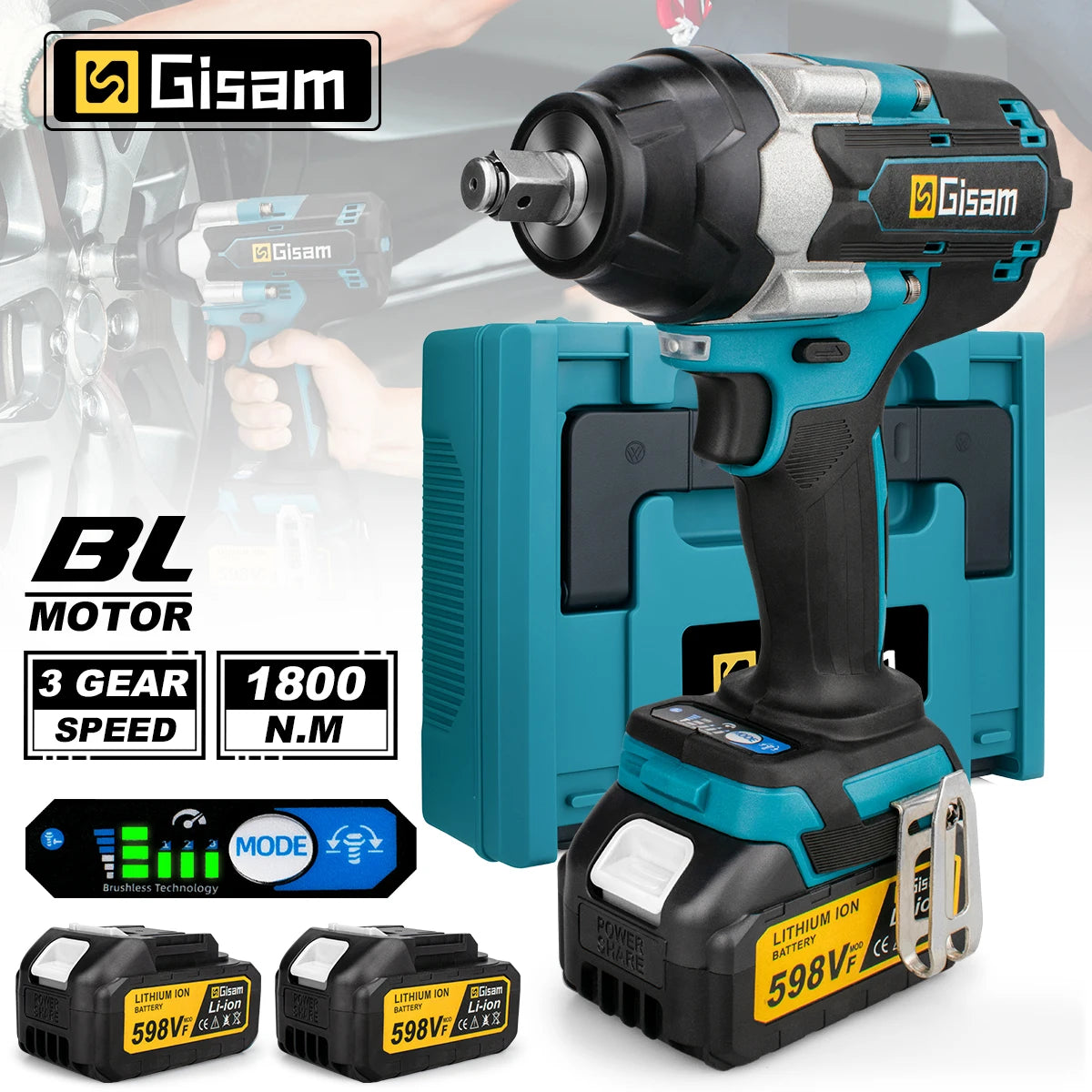 Gisam impact wrench packaging, blue and black cordless brushless design