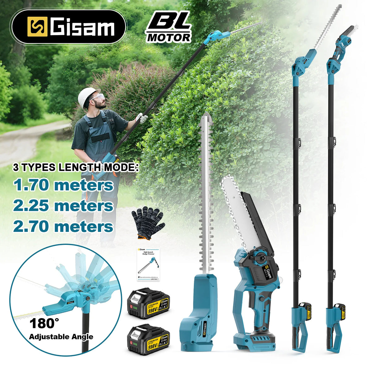 Gisam 2in1 tool lifestyle shot, blue/black/green cordless pole saw and trimmer