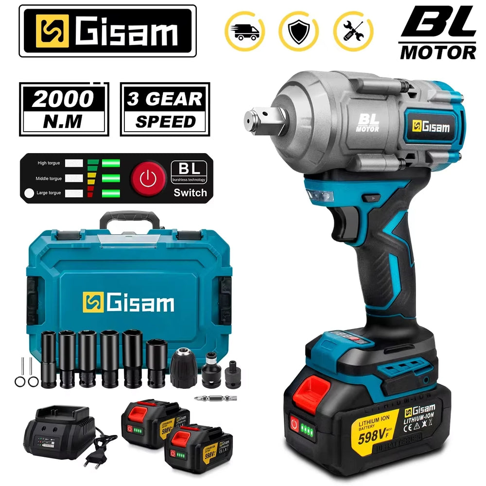 Gisam impact wrench front view, blue and black with LED light