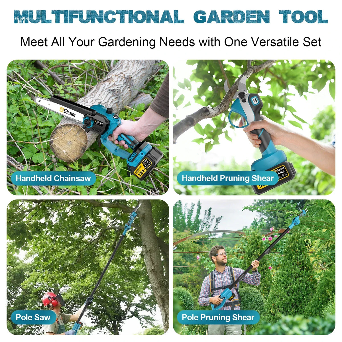 Gisam tool components with telescoping pole and clippers, brushless kit (lifestyle)