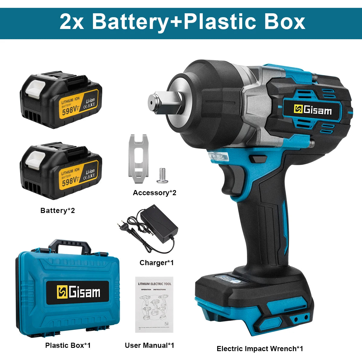 Gisam cordless impact wrench lifestyle shot with two batteries and plastic case