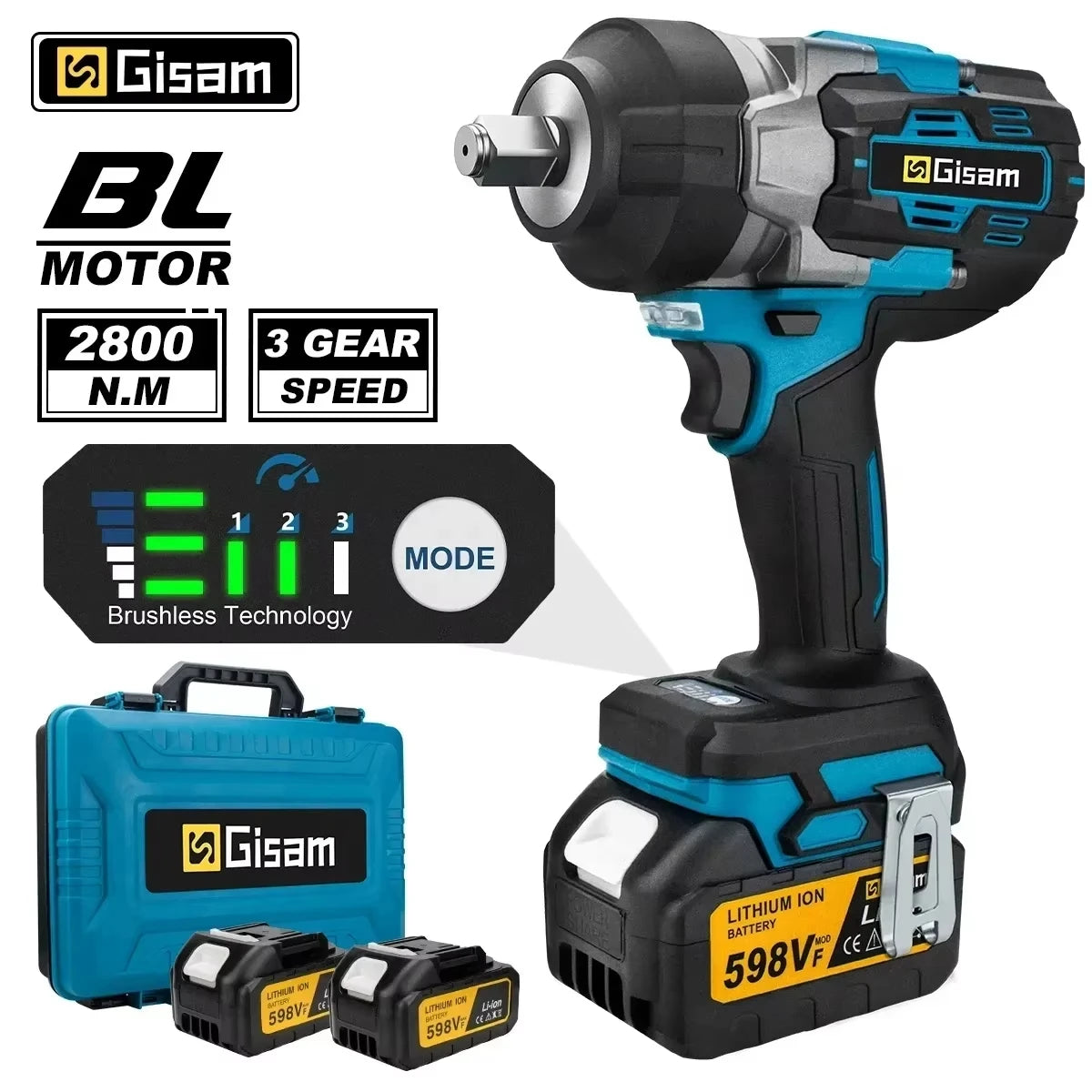 Gisam brushless impact wrench front view, blue and black with battery